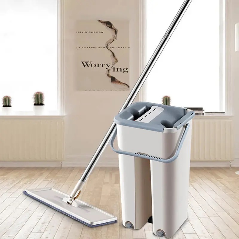 Zestaw Mop Płaski z Wiadrem Dwukomorowym Obrotowy Wyciskacz +Wiadro + 2x Mikrofibra Zestaw Mop Płaski z Wiadrem Dwukomorowym Obrotowy Wyciskacz +Wiadro + 2x Mikrofibra