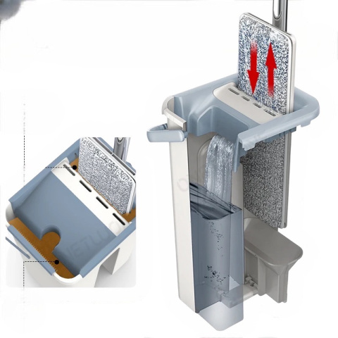 Obrotowy Mop Płaski z Wiadrem Dwukomorowym Wyciskacz + 2x Mikrofibra