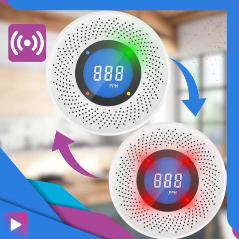 Czujnik Dymu Czadu Tlenku Węgla LCD 1C Bezprzewodowy Preium