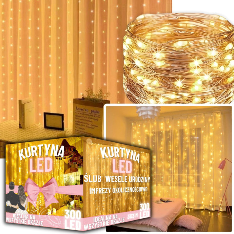 Lampki Led Kurtyna Świetlna na Okno 3x3m 300 LED Lampki na Druciku na Prąd