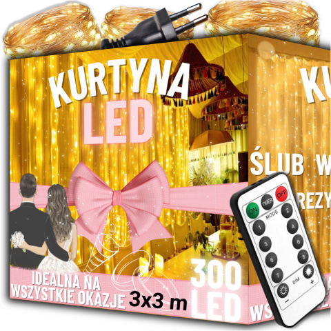 Lampki Led Kurtyna Świetlna na Okno 3x3m 300 LED Lampki na Druciku na Prąd