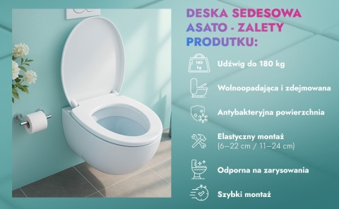 Deska Sedesowa Wolnoopadająca 113 ASATO® Biała Duroplast Antybakteryjna - Uniwersalna 46x36,5cm