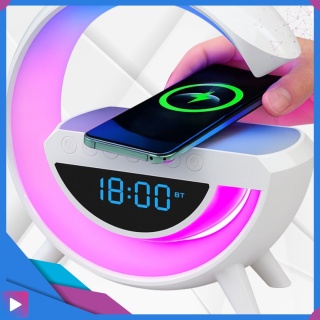 Głośnik Bluetooth Bezprzewodowy Lampa LED RGB Ładowarka QI Zegar Budzik Radio FM ASATO®