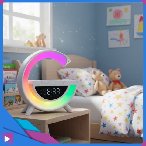 Głośnik Bluetooth Bezprzewodowy Lampa LED RGB Ładowarka QI Zegar Budzik Radio FM ASATO®