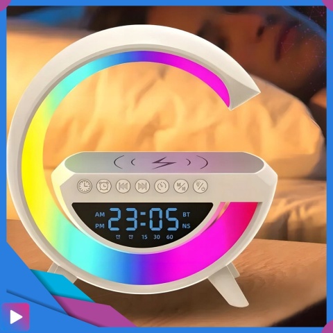 Głośnik Bluetooth Bezprzewodowy Lampa LED RGB Ładowarka QI Zegar Budzik Radio FM ASATO®