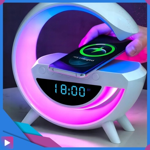 Głośnik Bluetooth Bezprzewodowy Lampa LED RGB Ładowarka QI Zegar Budzik Radio FM ASATO®