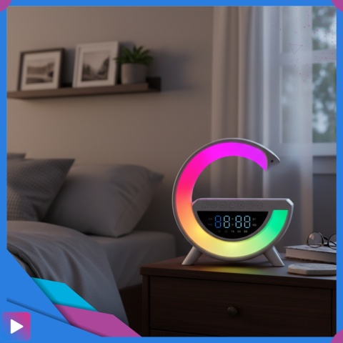 Głośnik Bluetooth Bezprzewodowy Lampa LED RGB Ładowarka QI Zegar Budzik Radio FM ASATO®