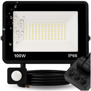 Halogen LED 100W z Czujnikiem Ruchu i Zmierzchu na Kablu Naświetlacz Zewnętrzny IP65 do Ogrodu i Elewacji ASATO®
