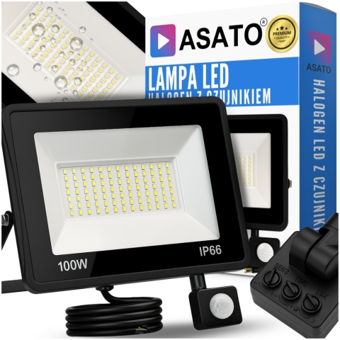 Halogen LED 100W z Czujnikiem Ruchu i Zmierzchu na Kablu Naświetlacz Zewnętrzny IP65 do Ogrodu i Elewacji ASATO®