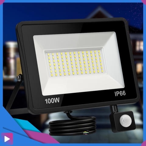 Halogen LED 100W z Czujnikiem Ruchu i Zmierzchu na Kablu Naświetlacz Zewnętrzny IP65 do Ogrodu i Elewacji ASATO®