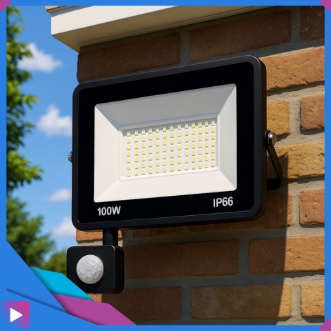 Halogen LED 100W z Czujnikiem Ruchu i Zmierzchu na Kablu Naświetlacz Zewnętrzny IP65 do Ogrodu i Elewacji ASATO®