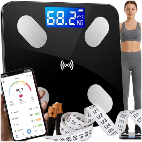 Inteligentna Waga Łazienkowa Elektroniczna Bluetooth Analityczna 32w1 z Aplikacją i Pomiarem Tłuszczu ASATO®