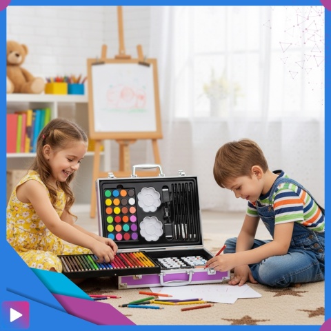 Zestaw Artystyczny w Walizce Dla Dzieci 145 Elementów do Malowania i Rysowania Prezent ASATO®