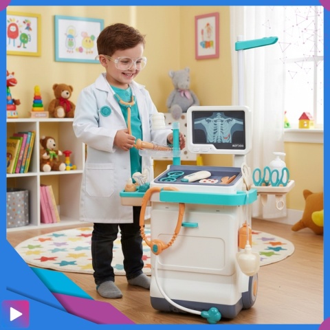 Zestaw Mały Lekarza dla Dzieci Interaktywny Wózek Medyczny 26 Elementów Światło Dźwięk Edukacyjny ASATO®