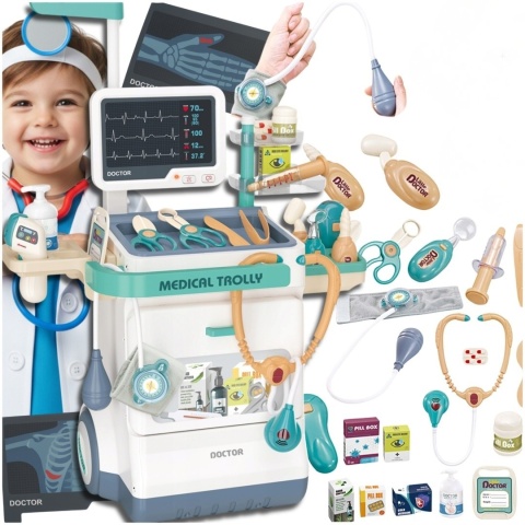 Zestaw Mały Lekarza dla Dzieci Interaktywny Wózek Medyczny 26 Elementów Światło Dźwięk Edukacyjny ASATO®