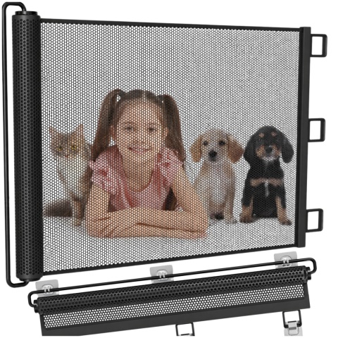 Bramka zabezpieczająca 150x78 cm ASATO® Na Schody Drzwi Dla Dzieci Psa Rolowana Czarna Barierka Zabezpieczająca
