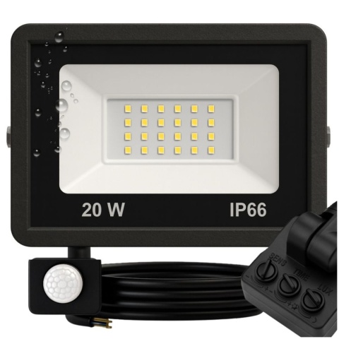 Halogen Naświetlacz LED 20W z Czujnikiem Ruchu i Zmierzchu na Kablu Naświetlacz Zewnętrzny IP65 do Ogrodu i Elewacji ASATO®