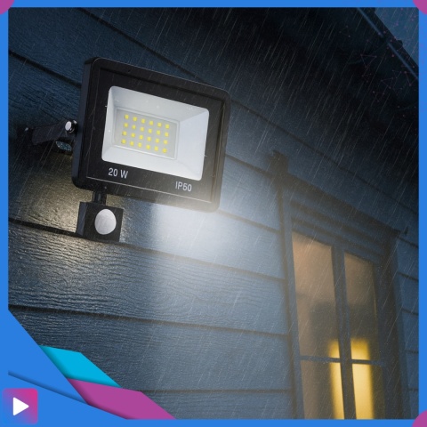 Halogen Naświetlacz LED 20W z Czujnikiem Ruchu i Zmierzchu na Kablu Naświetlacz Zewnętrzny IP65 do Ogrodu i Elewacji ASATO®