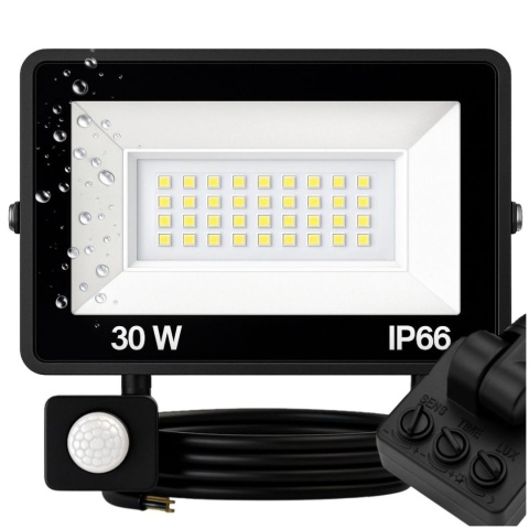 Halogen Naświetlacz LED 30W z Czujnikiem Ruchu i Zmierzchu na Kablu Naświetlacz Zewnętrzny IP65 do Ogrodu i Elewacji ASATO®