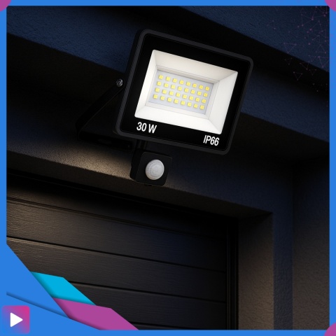 Halogen Naświetlacz LED 30W z Czujnikiem Ruchu i Zmierzchu na Kablu Naświetlacz Zewnętrzny IP65 do Ogrodu i Elewacji ASATO®