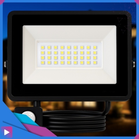 Halogen Naświetlacz LED 30W z Czujnikiem Ruchu i Zmierzchu na Kablu Naświetlacz Zewnętrzny IP65 do Ogrodu i Elewacji ASATO®