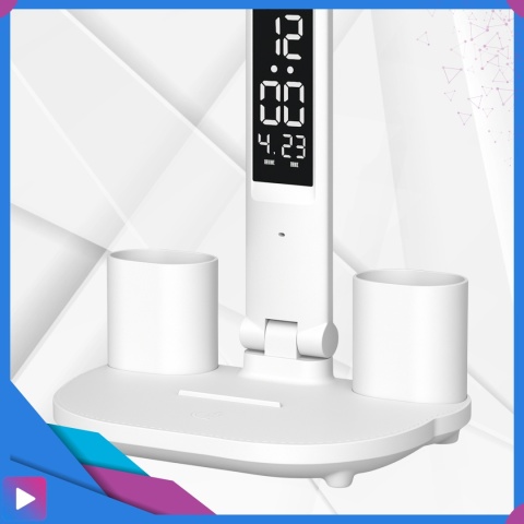 Lampka Biurkowa LED 6w1 Wyświetlacz Zegar Organizer Podwójne Ramiona i USB ASATO®