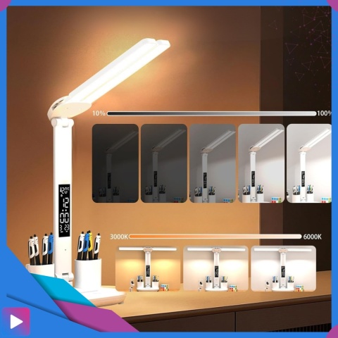 Lampka Biurkowa LED 6w1 Wyświetlacz Zegar Organizer Podwójne Ramiona i USB ASATO®