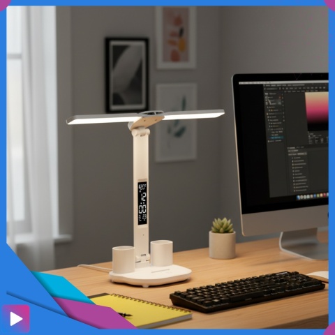 Lampka Biurkowa LED 6w1 Wyświetlacz Zegar Organizer Podwójne Ramiona i USB ASATO®