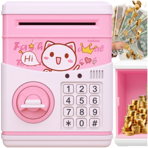 Sejf Skarbonka dla Dziewczynki na Kluczyk Dźwięki Melodie Zabawkowy Bankomat Różowy ASATO®
