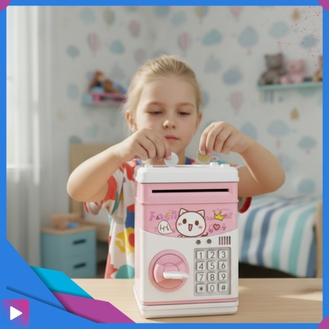 Sejf Skarbonka dla Dziewczynki na Kluczyk Dźwięki Melodie Zabawkowy Bankomat Różowy ASATO®