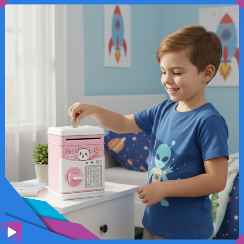 Sejf Skarbonka dla Dziewczynki na Kluczyk Dźwięki Melodie Zabawkowy Bankomat Różowy ASATO®