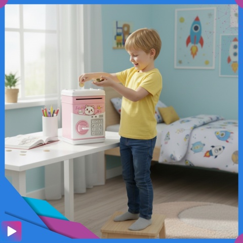 Sejf Skarbonka dla Dziewczynki na Kluczyk Dźwięki Melodie Zabawkowy Bankomat Różowy ASATO®