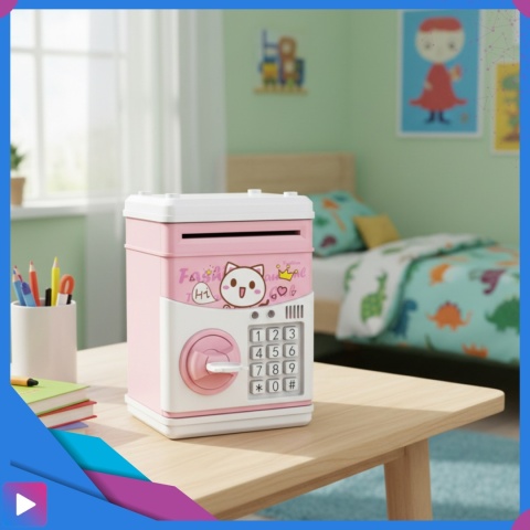 Sejf Skarbonka dla Dziewczynki na Kluczyk Dźwięki Melodie Zabawkowy Bankomat Różowy ASATO®