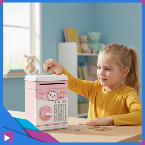 Sejf Skarbonka dla Dziewczynki na Kluczyk Dźwięki Melodie Zabawkowy Bankomat Różowy ASATO®