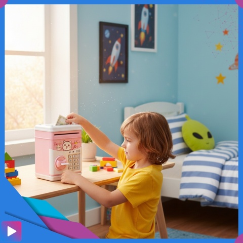 Sejf Skarbonka dla Dziewczynki na Kluczyk Dźwięki Melodie Zabawkowy Bankomat Różowy ASATO®