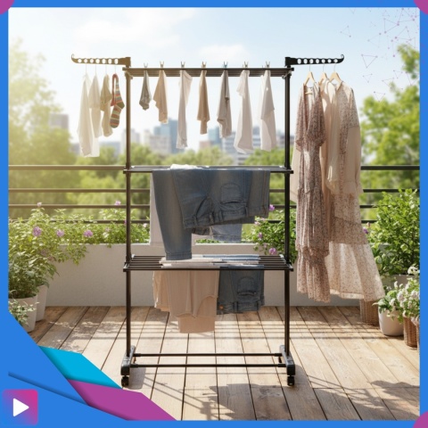 Suszarka na Pranie Pionowa Czarna Ogrodowa Stojąca Składana Duża na Balkon do Domu ASATO®