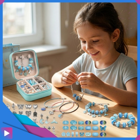 Zestaw do Robienia Bransoletek Naszyjników Biżuterii Dla Dziewczynek z Charmsami Etui 66 Elementów Prezent ASATO®