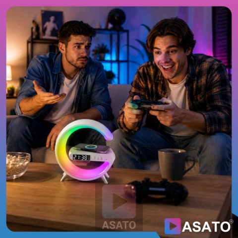 Głośnik Bezprzewodowy Lampka RGB Bluetooth Budzik Ładowarka Bezprzewodowa Zegar ASATO®