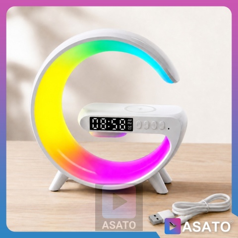 Głośnik Bezprzewodowy Lampka RGB Bluetooth Budzik Ładowarka Bezprzewodowa Zegar ASATO®