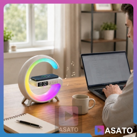 Głośnik Bezprzewodowy Lampka RGB Bluetooth Budzik Ładowarka Bezprzewodowa Zegar ASATO®
