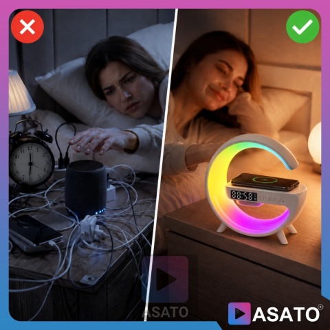 Głośnik Bezprzewodowy Lampka RGB Bluetooth Budzik Ładowarka Bezprzewodowa Zegar ASATO®