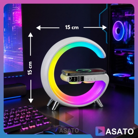Głośnik Bezprzewodowy Lampka RGB Bluetooth Budzik Ładowarka Bezprzewodowa Zegar ASATO®