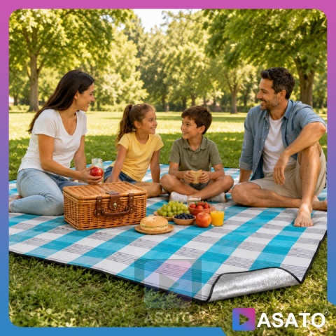 Koc Mata Piknikowa Plażowa Wodoodporna ASATO® - Duża 200x200cm - Izolacja Aluminiowa - Składany Premium