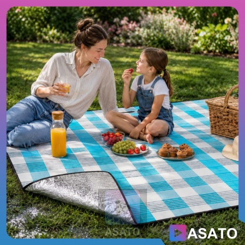 Koc Mata Piknikowa Plażowa Wodoodporna ASATO® - Duża 200x200cm - Izolacja Aluminiowa - Składany Premium