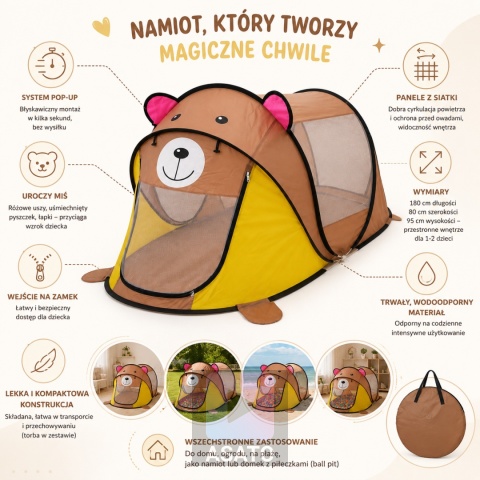 Namiot Ogrodowy Plażowy dla Dzieci Dziecięcy Miś Rozkładany Domek do Ogrodu