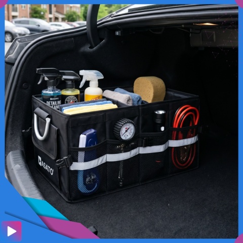 Organizer do bagażnika samochodowego LUX 1F ASATO® składany 60x35x30 cm z klapą i przegrodami