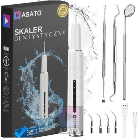 Skaler Ultradźwiękowy do Zębów Domowy 4 Tryby LED IPX7 Wodoodporny Zestaw 4 Końcówki Narzędzia Dentystyczne ASATO®