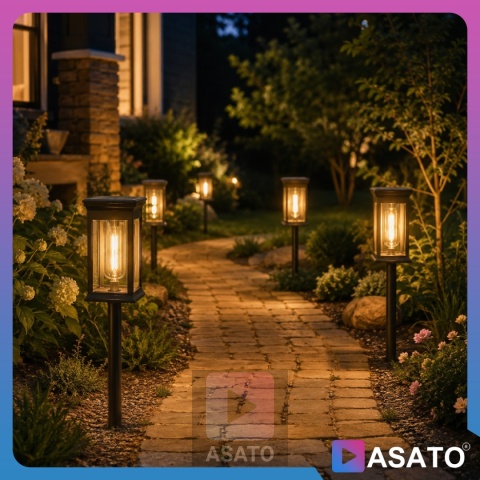 2x Lampa Solarna Ogrodowa Wbijana ASATO® - Czujnik Zmierzchu - Bateria 600 mAh - 43cm Wysoka