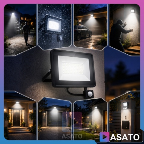Halogen LED 100W z Czujnikiem Ruchu i Zmierzchu na Kablu Naświetlacz Zewnętrzny IP65 do Ogrodu i Elewacji ASATO®