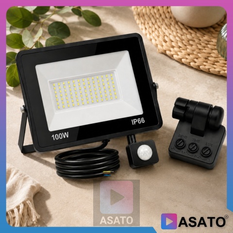Halogen LED 100W z Czujnikiem Ruchu i Zmierzchu na Kablu Naświetlacz Zewnętrzny IP65 do Ogrodu i Elewacji ASATO®